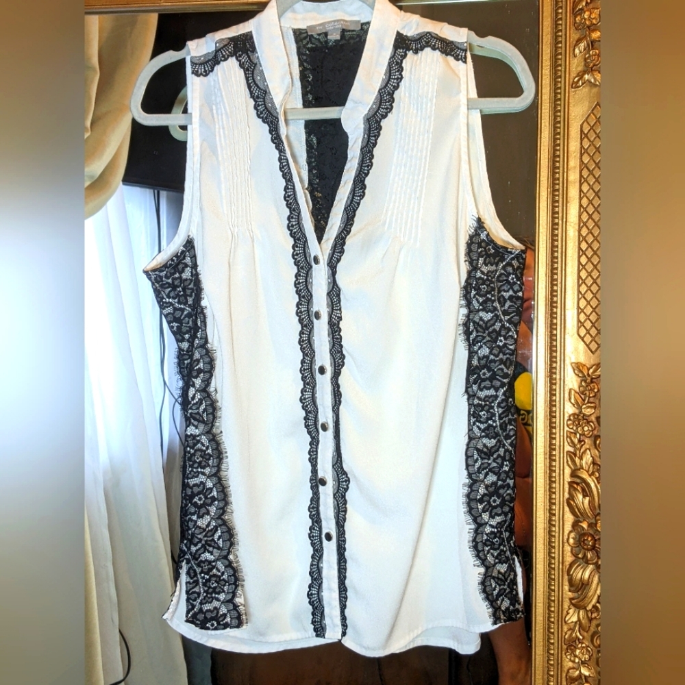 Women's Dress Top White with Black lace 1X